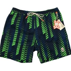 Psycho Bunny Mens Medium Black Multicolor Graphic Swim Trunks